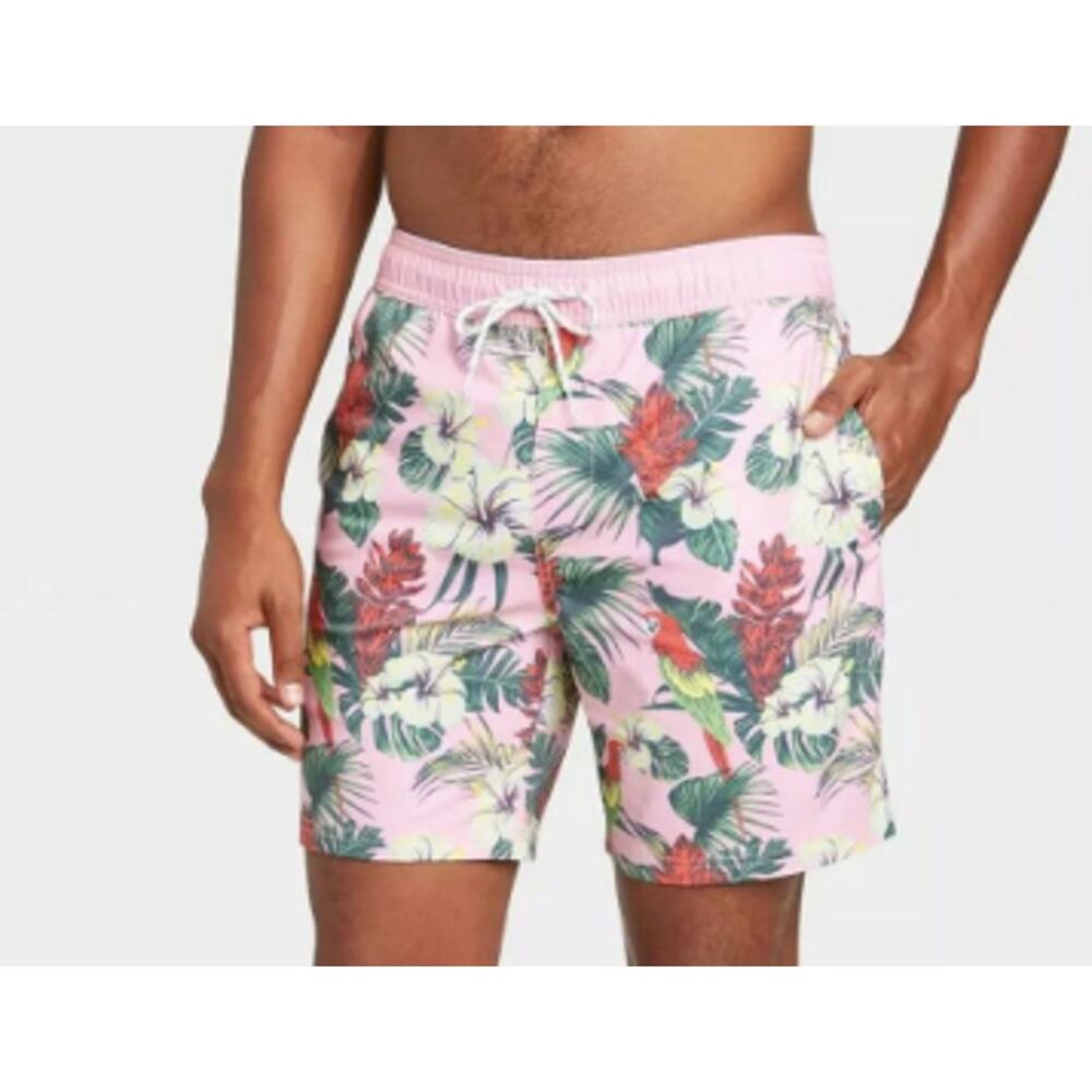 Goodfellow & Co Mens Pink Tropical Parrot Floral Swim Trunks Shorts Size‎ M